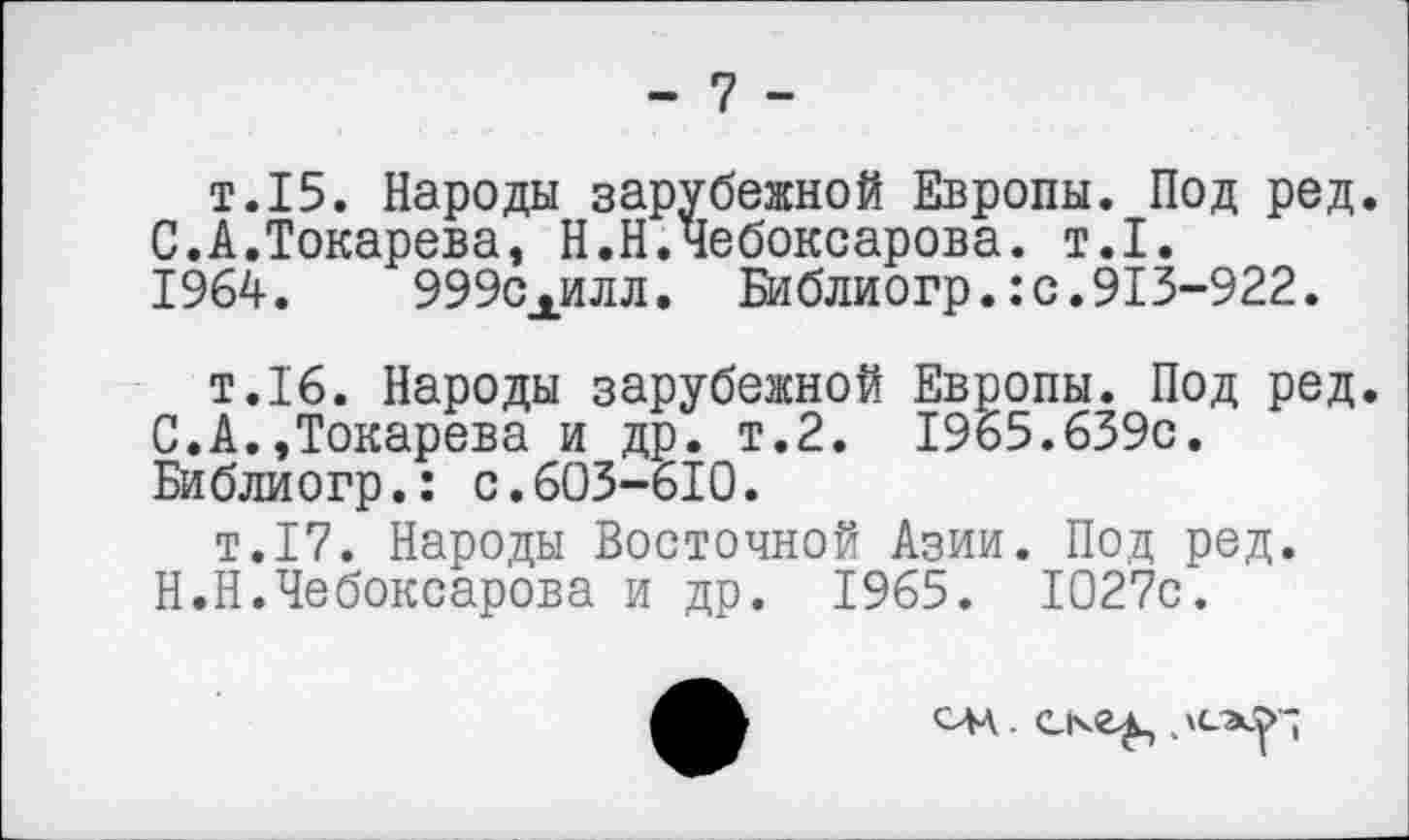 ﻿- 7 -
т.15. Народы зарубежной Европы. Под ред.
С.А.Токарева, Н.Н.Чебоксарова. т.1.
1964. 999схилл. Библиогр.:с.913-922.
т.16. Народы зарубежной Европы. Под ред.
С.А.,Токарева и др. т.2. 1965.639с.
Библиогр.: с.603-610.
т.17. Народы Восточной Азии. Под ред.
Н.Н.Чебоксарова и др. 1965. 1027с.
он. ске^,